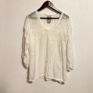 Johnny Was Cream Embroidered Floral Sheer Tunic Top Long Sleeve Top Blouse
